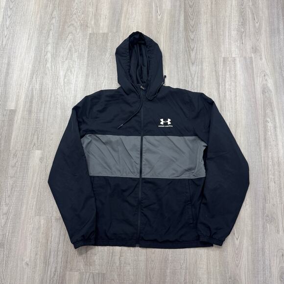 Under Armour Sportstyle Windbreaker Jacket Men's Large Black Gray Hooded Zip - Picture 1 of 9